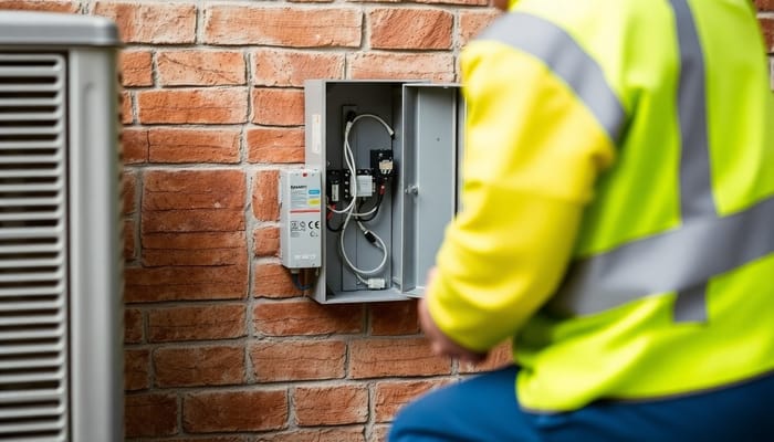 Expert Electrician Installing Power Box by AC Unit