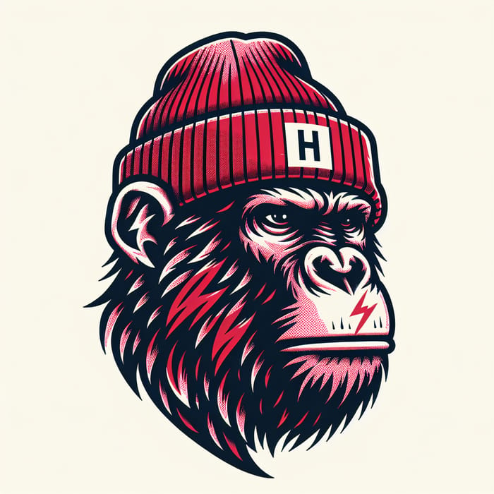 Edgy Ape in Red Beanie with 'H' Pattern & Face Lightning Bolt Tattoo