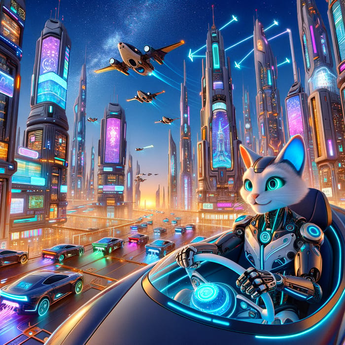 Robotic Cat Pilot: Futuristic Flying Car in Dazzling Cityscape