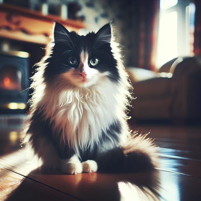 Beautiful Black and White Cat in Cozy Room