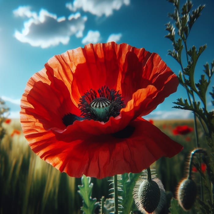 Beautiful Vibrant Red Poppy Flower in Full Bloom