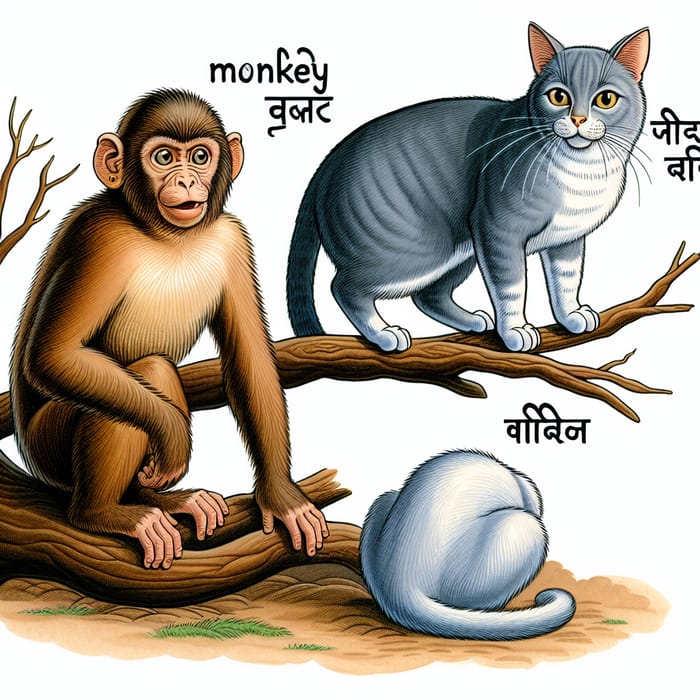 Monkey and Cat in Hindi: Mischievous Monkey and Regal Cat Interaction