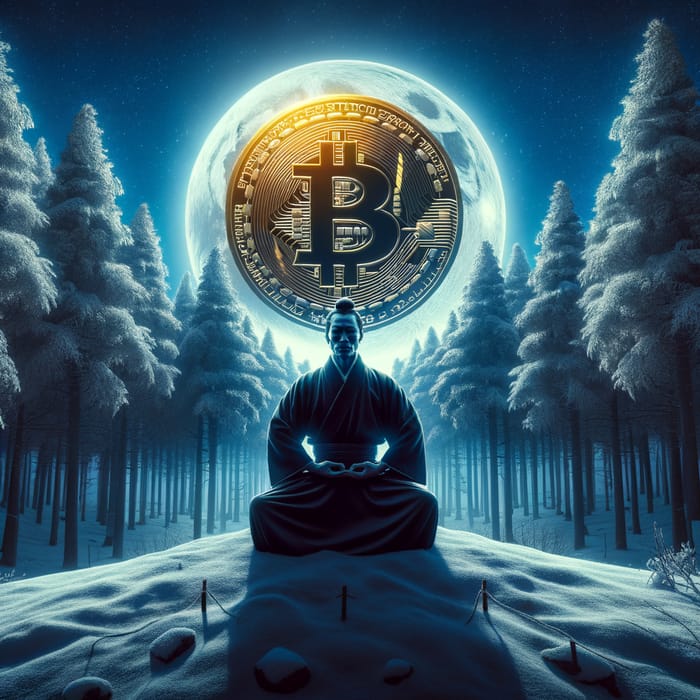 Samurai Meditation Under the Moonlight with Bitcoin