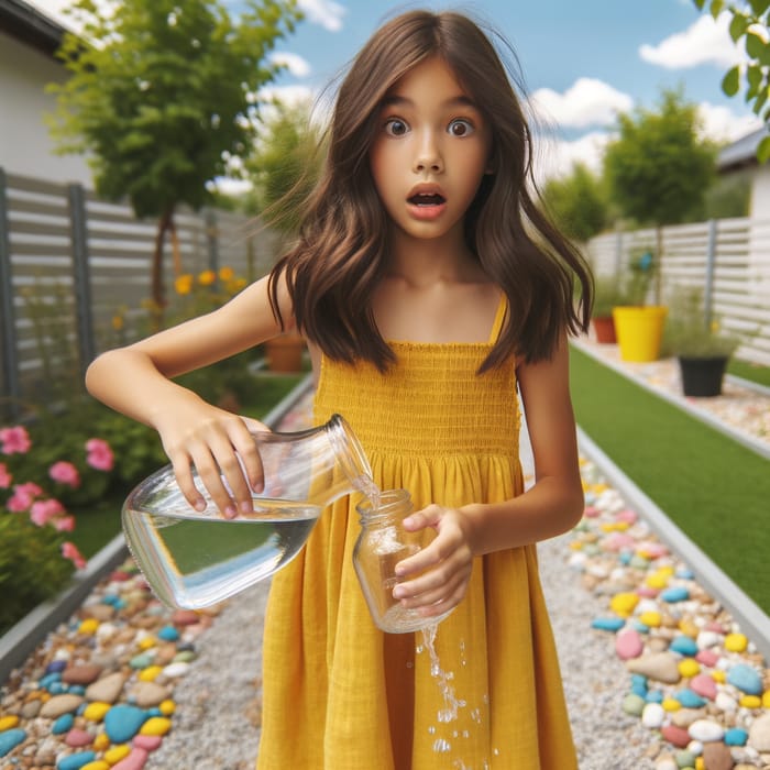 Surprised Girl Spills Water Outdoors - Enchanting Scene