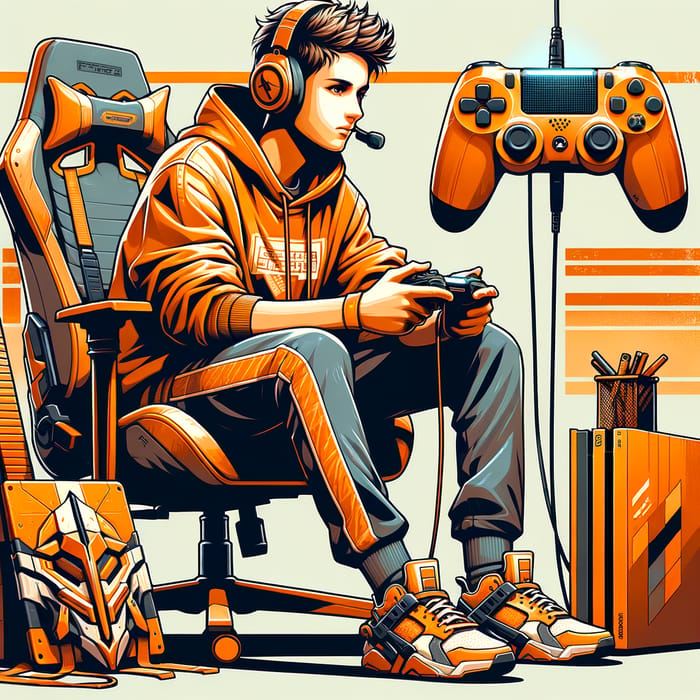 Orange-Themed Gamer Boy PNG | Focused Gaming Console Scene