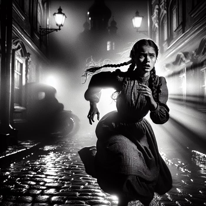 Russian Girl Escaping Unseen Danger in Film Noir Setting