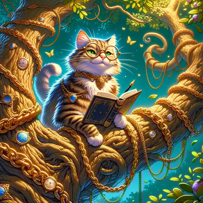 Enchanting Scholarly Cat on Oak Tree with Golden Chain in Magical World Enchanting Scholarly Cat on Oak Tree with Golden Chain in Magical World