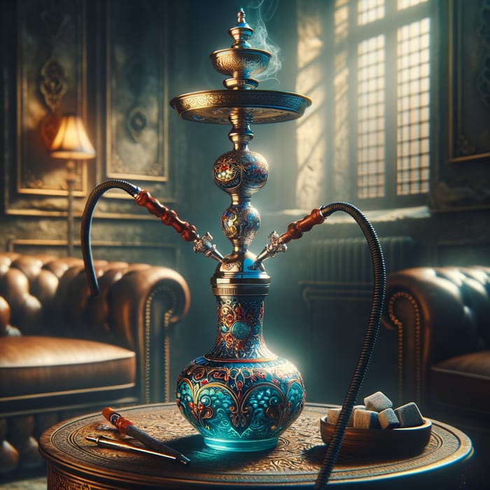 Luxurious Enamelled Hookah on Ornate Wooden Table