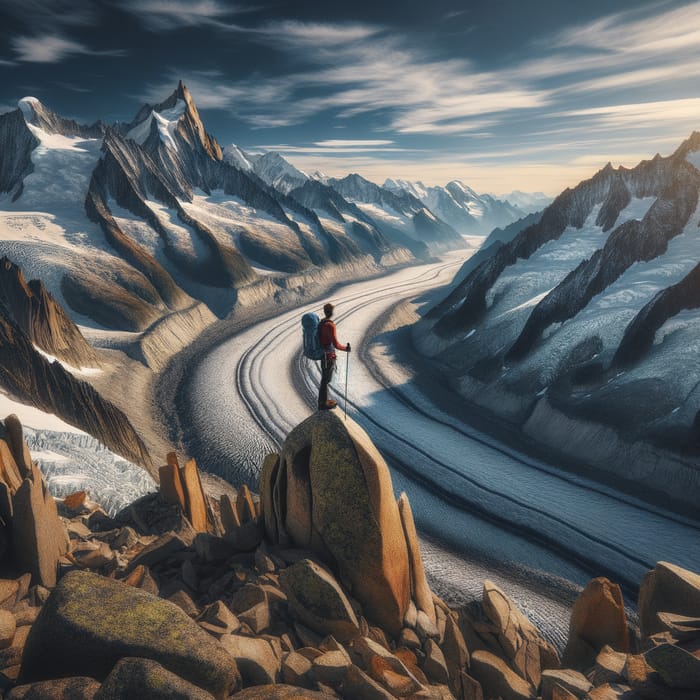 Stunning Mountain Panorama with Mountaineer overlooking Snow-Covered Glacier