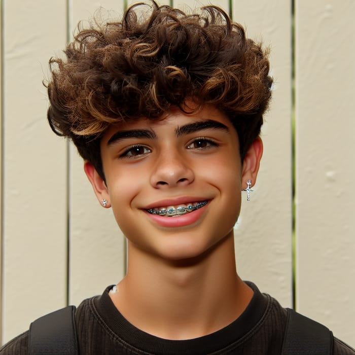 Hispanic 16-Year-Old Boy with Curly Brown Hair and Braces