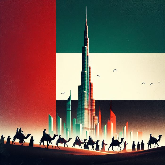 Colorful UAE Flag Poster with Burj Khalifa, Camels, and Celebrating People