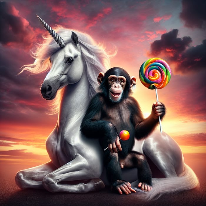 Chimpanzee Enjoying Lollipop Ride on Monochromatic Unicorn