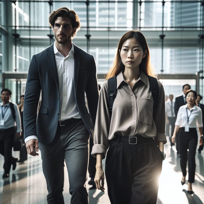 Male Customer with Female Bodyguard in Office Building Lobby