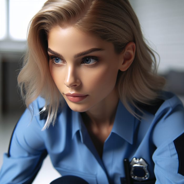 Blonde Female Police Officer, Blue Shirt, Kneeling