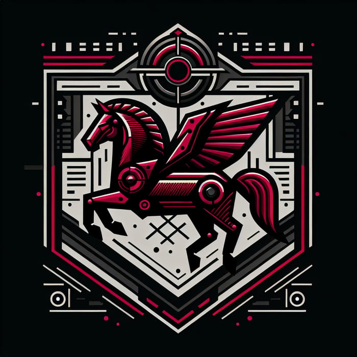 Sophisticated Crimson & Black Coat of Arms with Futuristic Horse Design