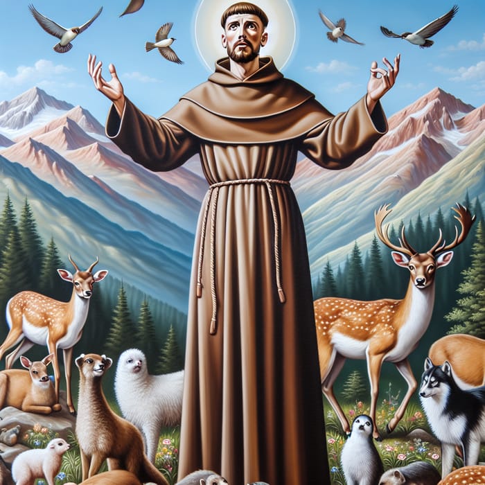 Saint Francis of Assisi on a Mountain - A Serene Moment with Animals