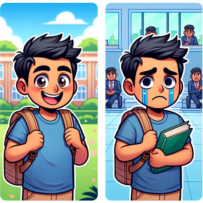 South Asian Male Student Cartoon - Cheerful & Sad Illustrations