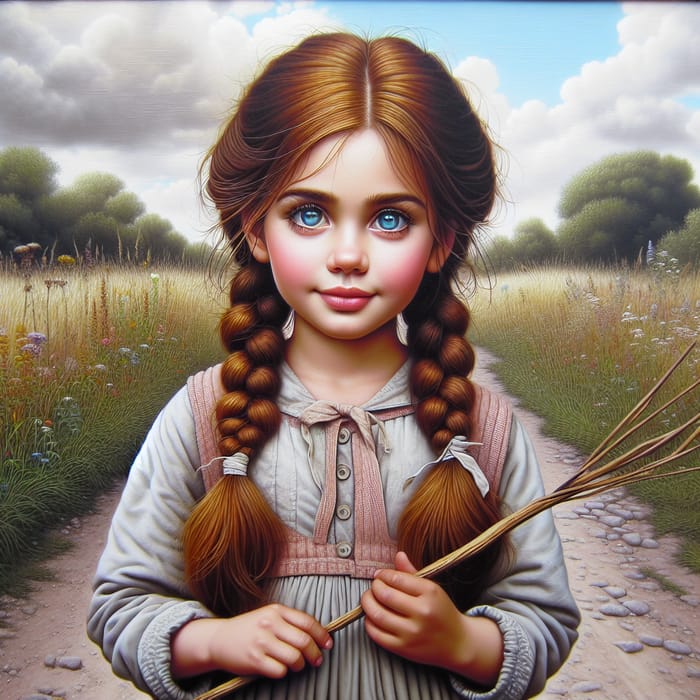 Artistic Skoof Girl in Countryside: Chestnut-haired Young Girl with Wooden Skewer