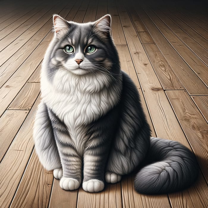 Realistic Portrait of a Cat on Wooden Floor