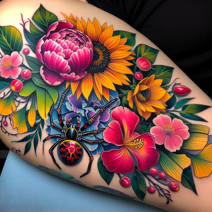 Colorful Floral Tattoo with Peony, Sunflower, Lily Spider & More