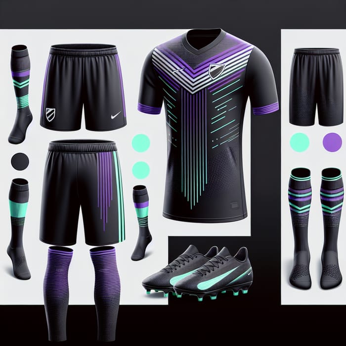 Powerful Black Soccer Uniform with Light Purple Accents & Neon Green Stripes