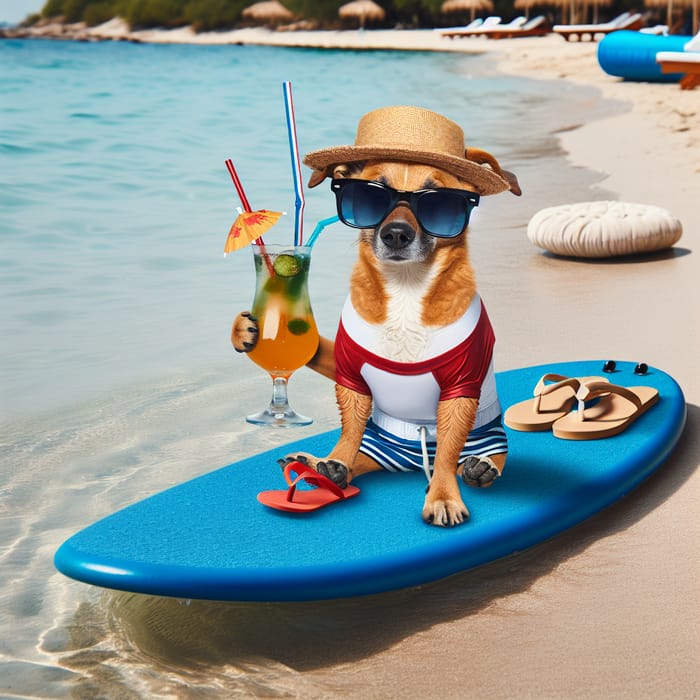 Dog Surfing in Red Swimwear with Cocktail and Beach Accessories