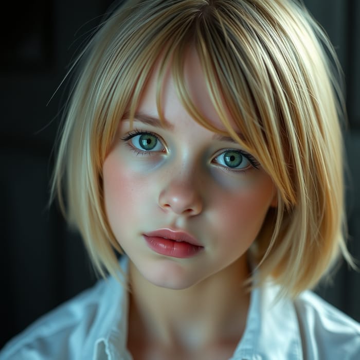 Stylish Teen Girl with Short Blond Hair and Green Eyes