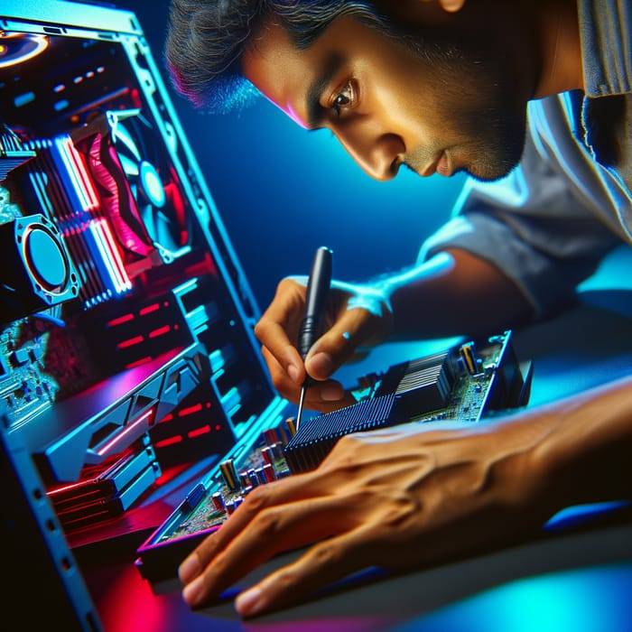 Futuristic Neon-Lit Gaming Computer Maintenance with South Asian Technician