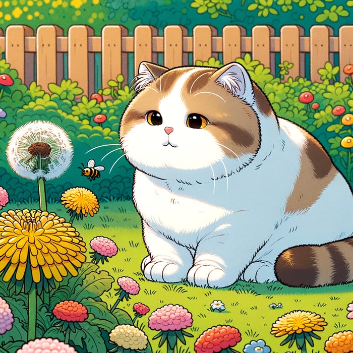 Adorable Bobtail Cat Watching Bee in Outdoor Scene