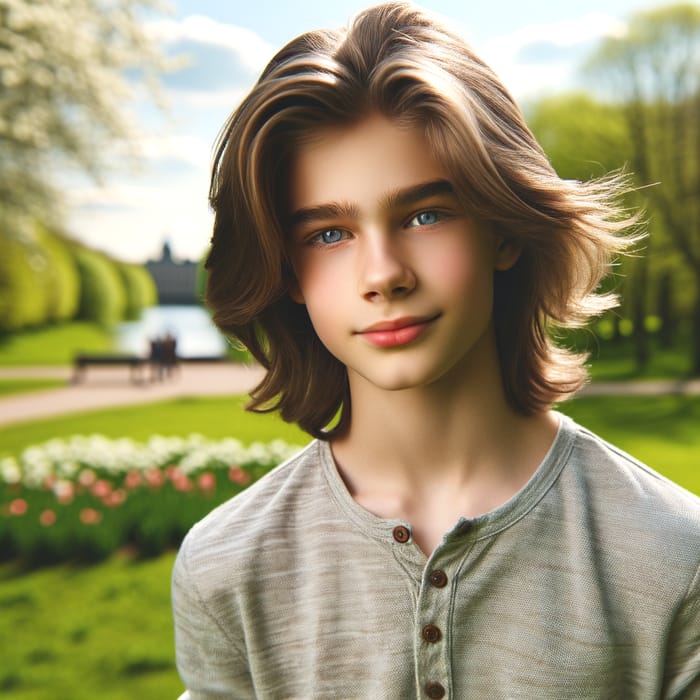 Serene Outdoor Portrait of a 13-Year-Old Boy with Blue Eyes and Long Hair