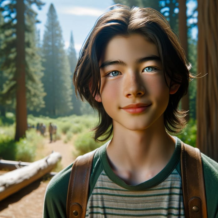 13-Year-Old Boy with Blue Eyes and Long Dark Hair in Forest