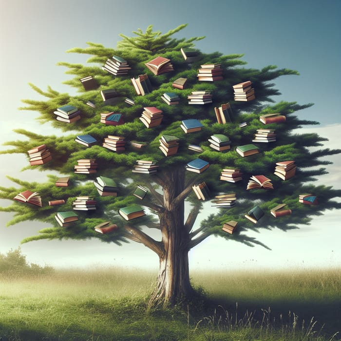 Majestic Cedar Tree with Books Adorning Branches