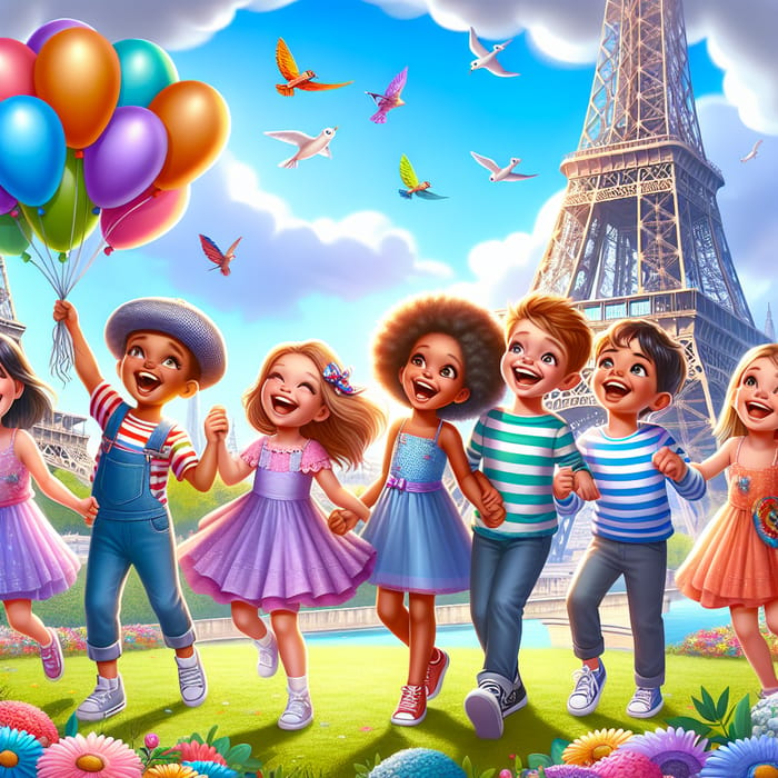 Happy Kids Exploring Paris - Diverse and Joyful Adventure