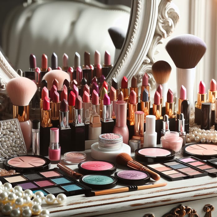 Vintage-Inspired Makeup Collection on Elegant Vanity Table