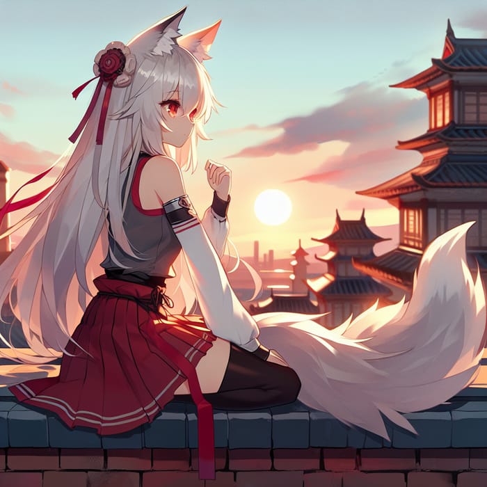 Anime Girl with White Hair and Wolf Ears Sitting on Palace Roof at Sunset