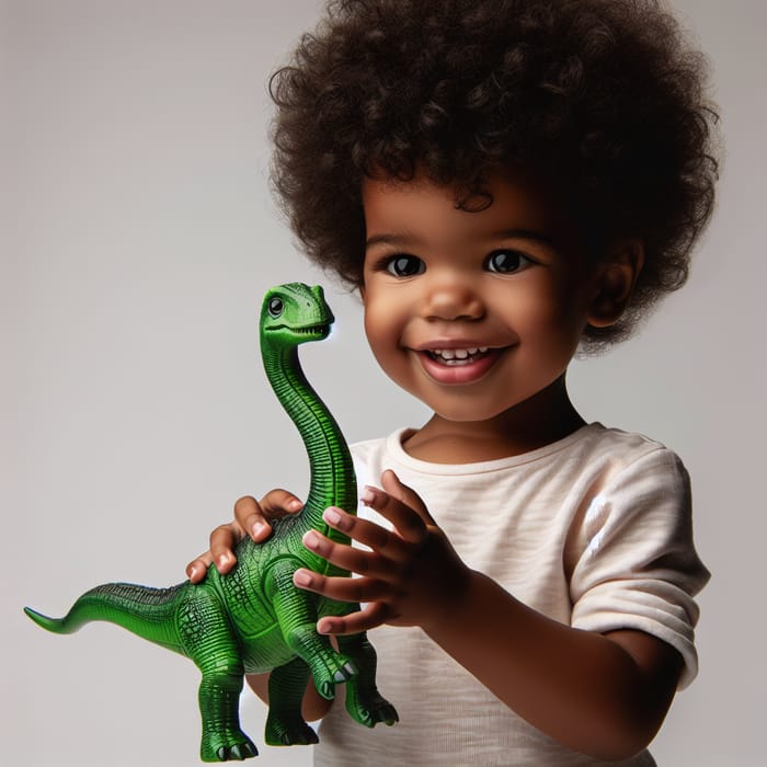 Joyful African American Boy with Green Brachiosaurus Toy