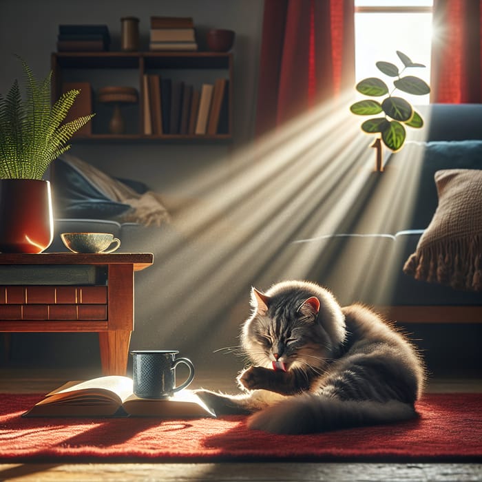 Adorable Grey Tabby Cat Lounging on Vibrant Rug