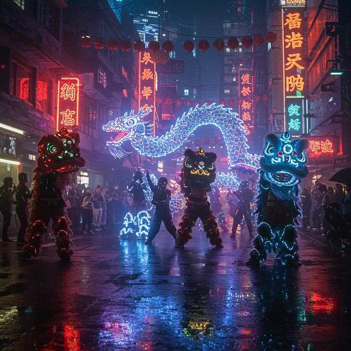 Cyberpunk Dragon and Lion Dance