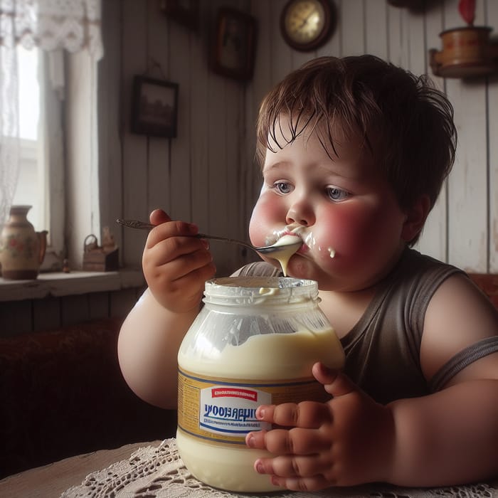 Chubby Boy Eating Mayonnaise in Vintage Russian Apartment