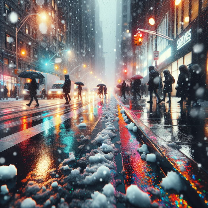 Snowy Rainy Street Scene: Winter City