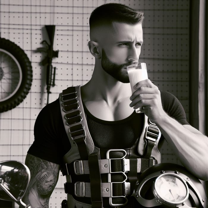 Man in BDSM Harness Sipping Milk | Website Name