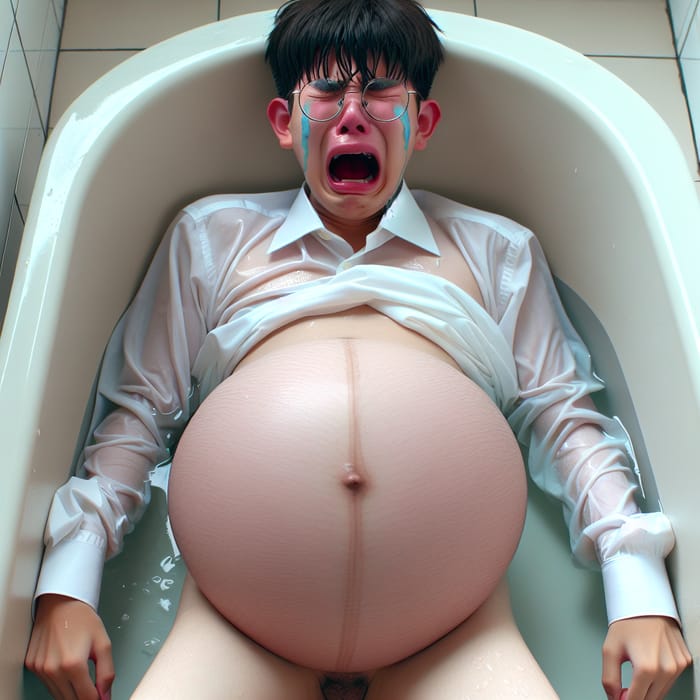 Teenage Korean Boy with Bloated Belly Crying and Pushing in Bathtub