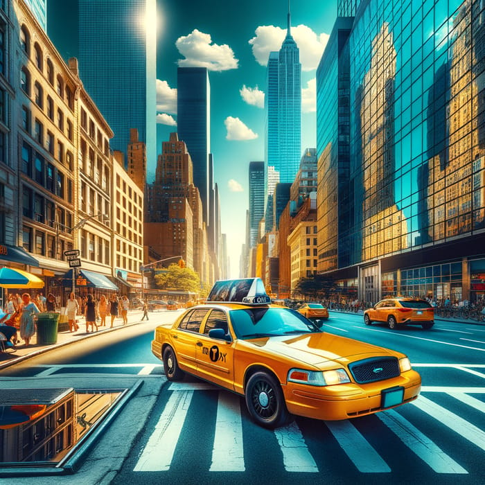 Vibrant Yellow Taxi Cab in Modern City | Cityscape Scene