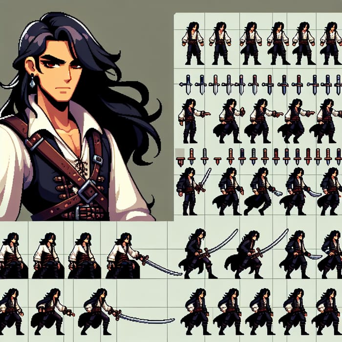 Vintage Gothic Warrior Sprite Sheet with Long Black Hair