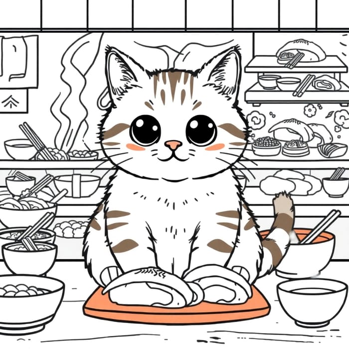 Cute Tabby Cat Sushi Coloring Page