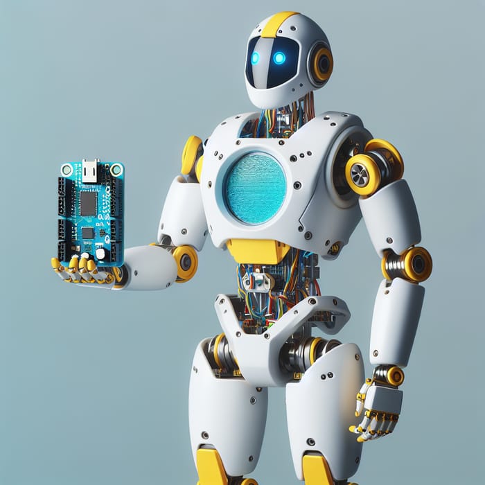 Full-Body Robot with Arduino Board and Color Scheme in White, Yellow, and Blue