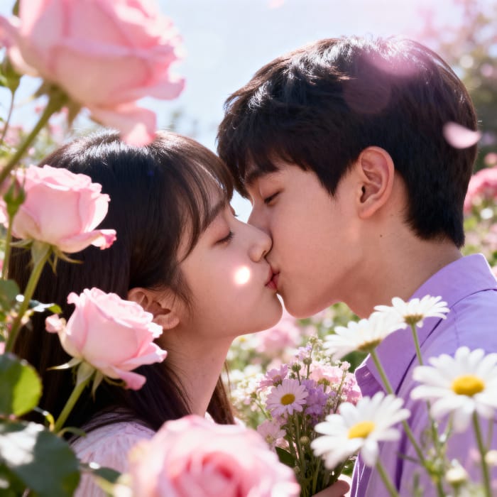 Romantic Kiss in a Flower Garden - Cinematic Moments Romantic Kiss in a Flower Garden - Cinematic Moments