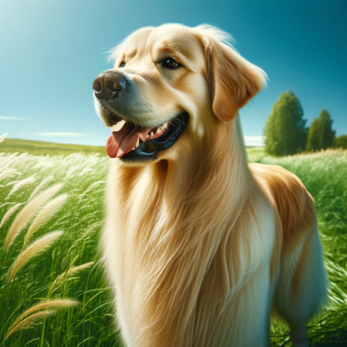 Playful Golden Retriever Enjoying Sunshine in Green Field