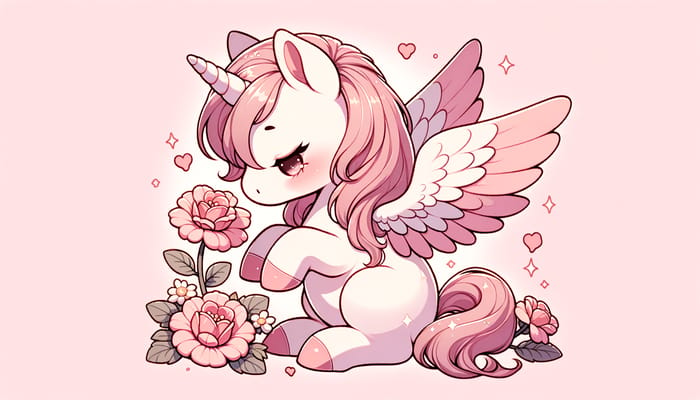 Charming Small Winged Unicorn Admiring Lovely Flower - Art