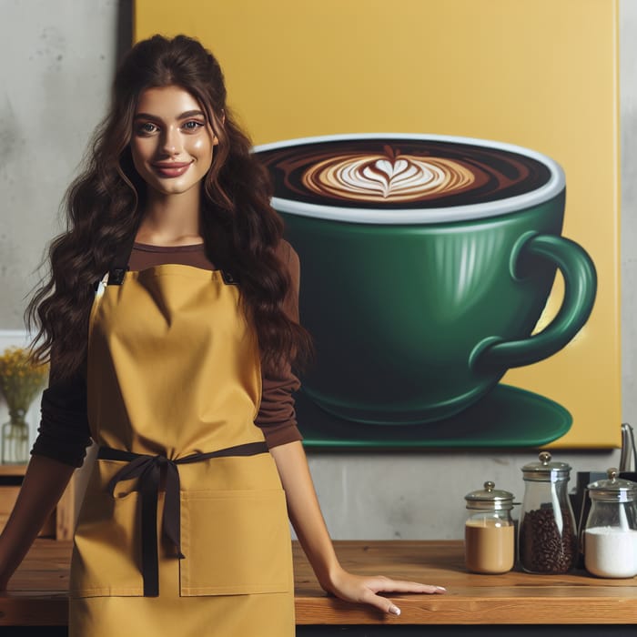 Caucasian Waitress in Yellow Apron with Green Coffee